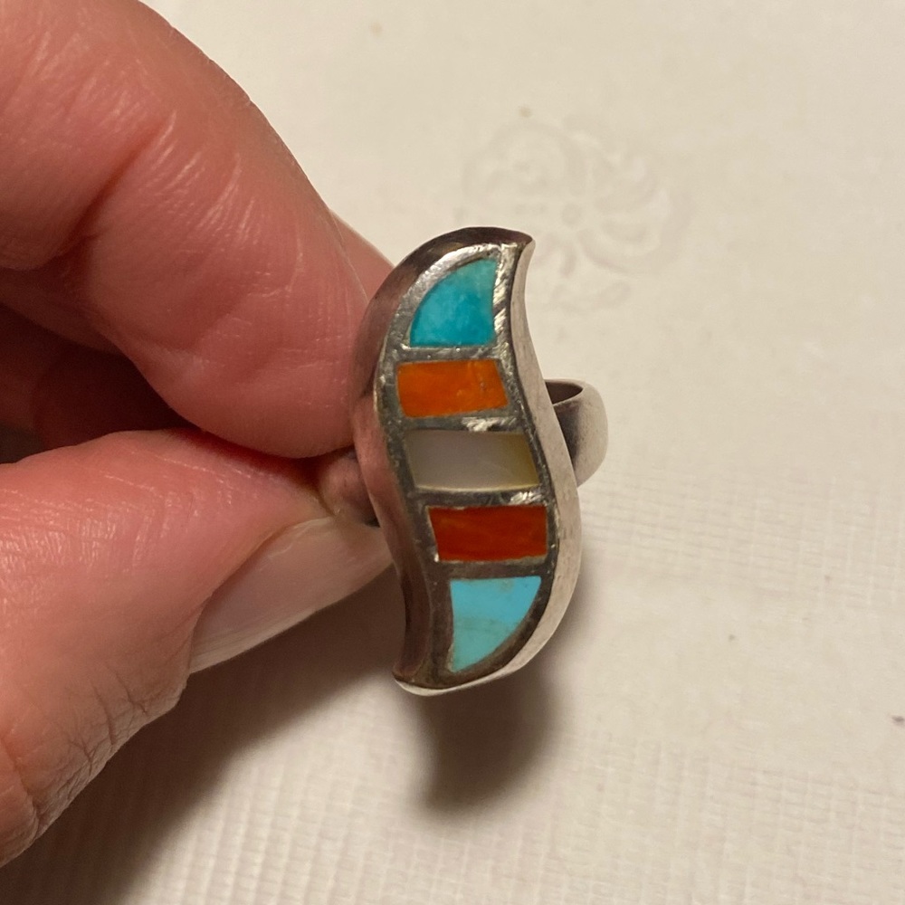 Vintage Sterling Silver Turquoise Spiny Oyster Inlay Ring – Southwest Style – 9g